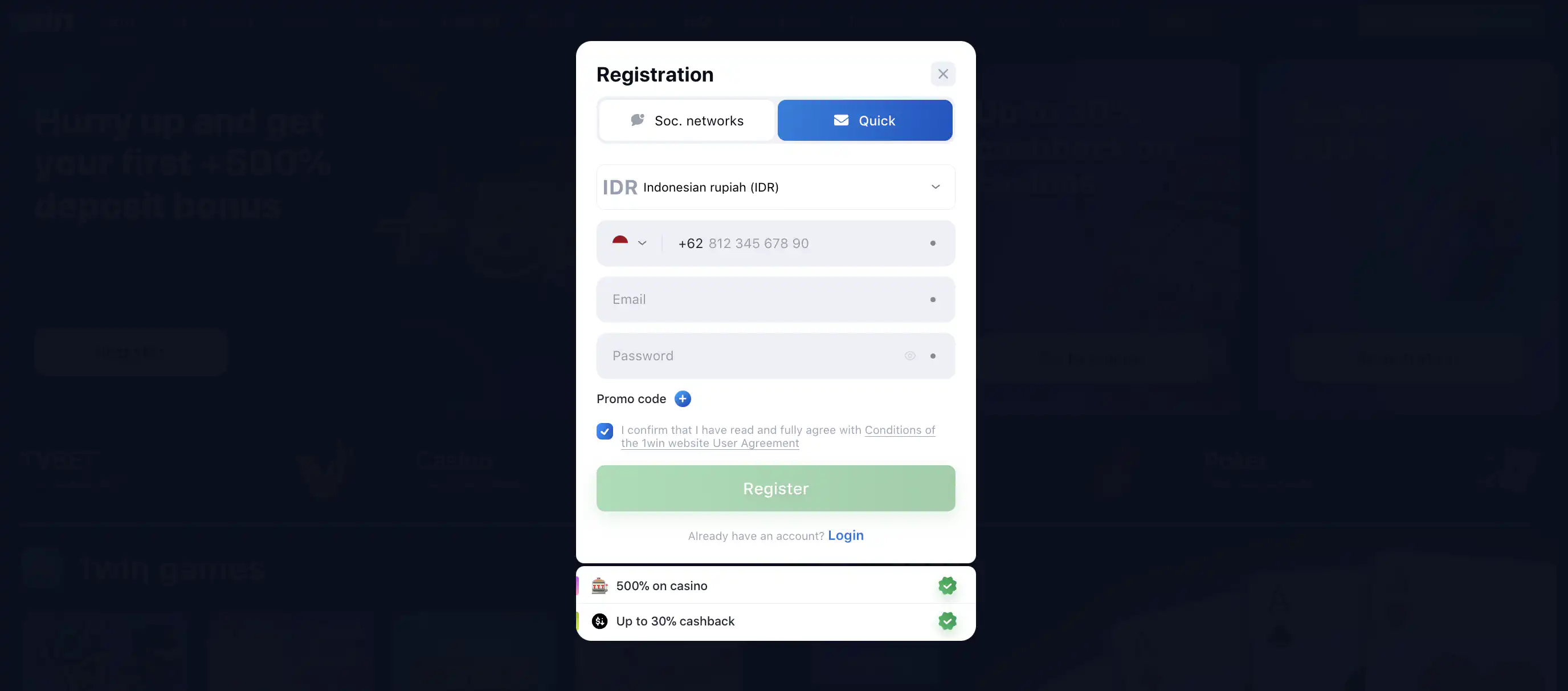 1win register account for Indonesian players